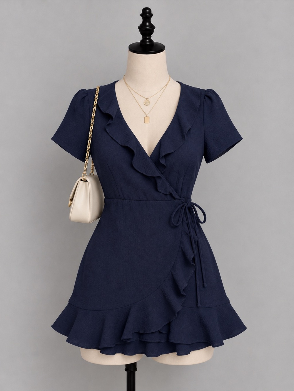 Chic Navy Ruffle Wrap Dress